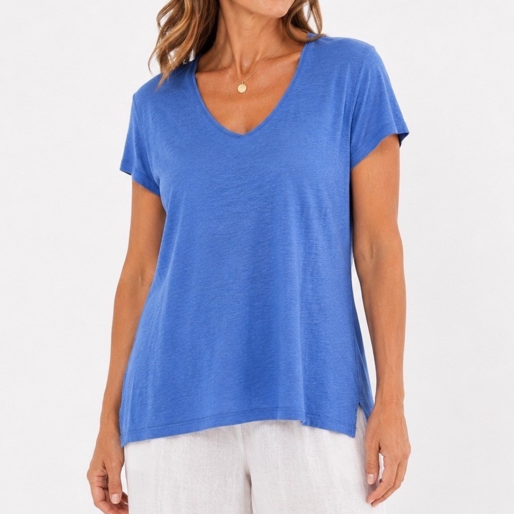 J.Jill Love Linen Blue V-Neck Short Sleeve Slub Knit Tee Top Large